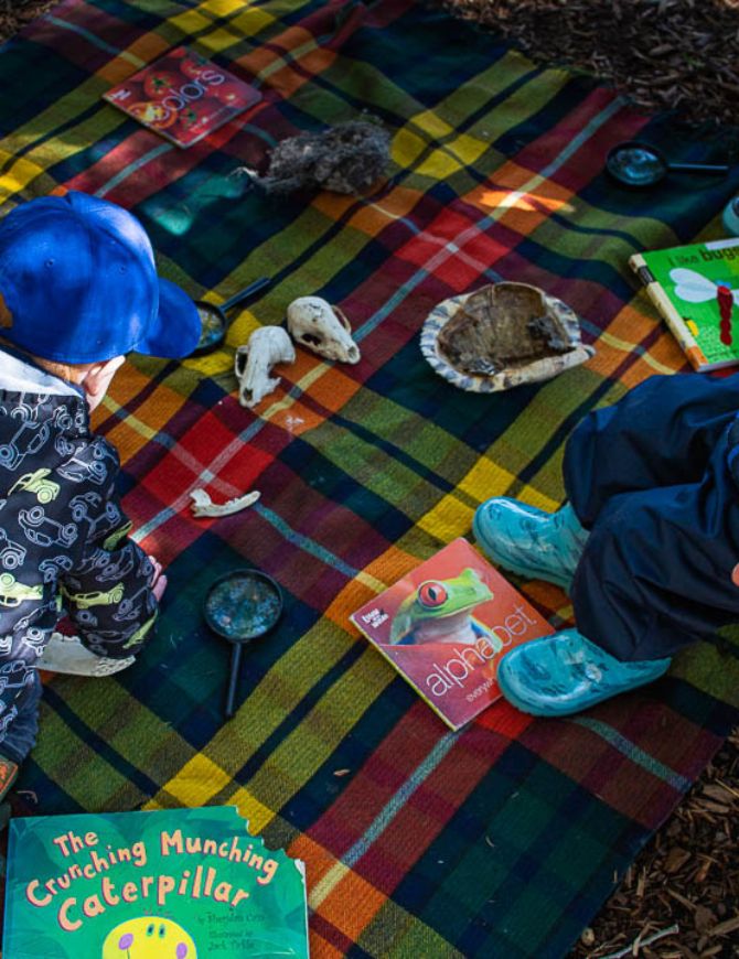Kids learning about animals on a blanket outside