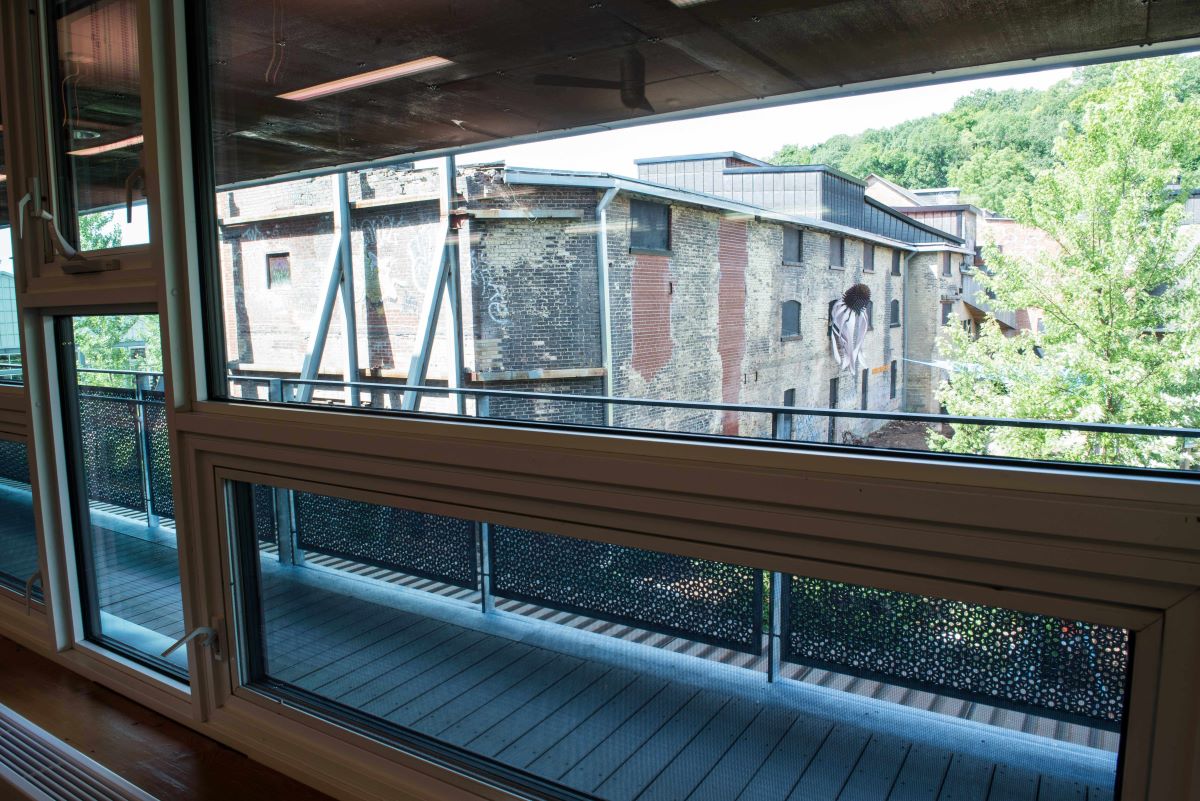 Evergreen Brickworks Blakes meeting room view out to the Children's garden and echinacea sculpture on the building wall.
