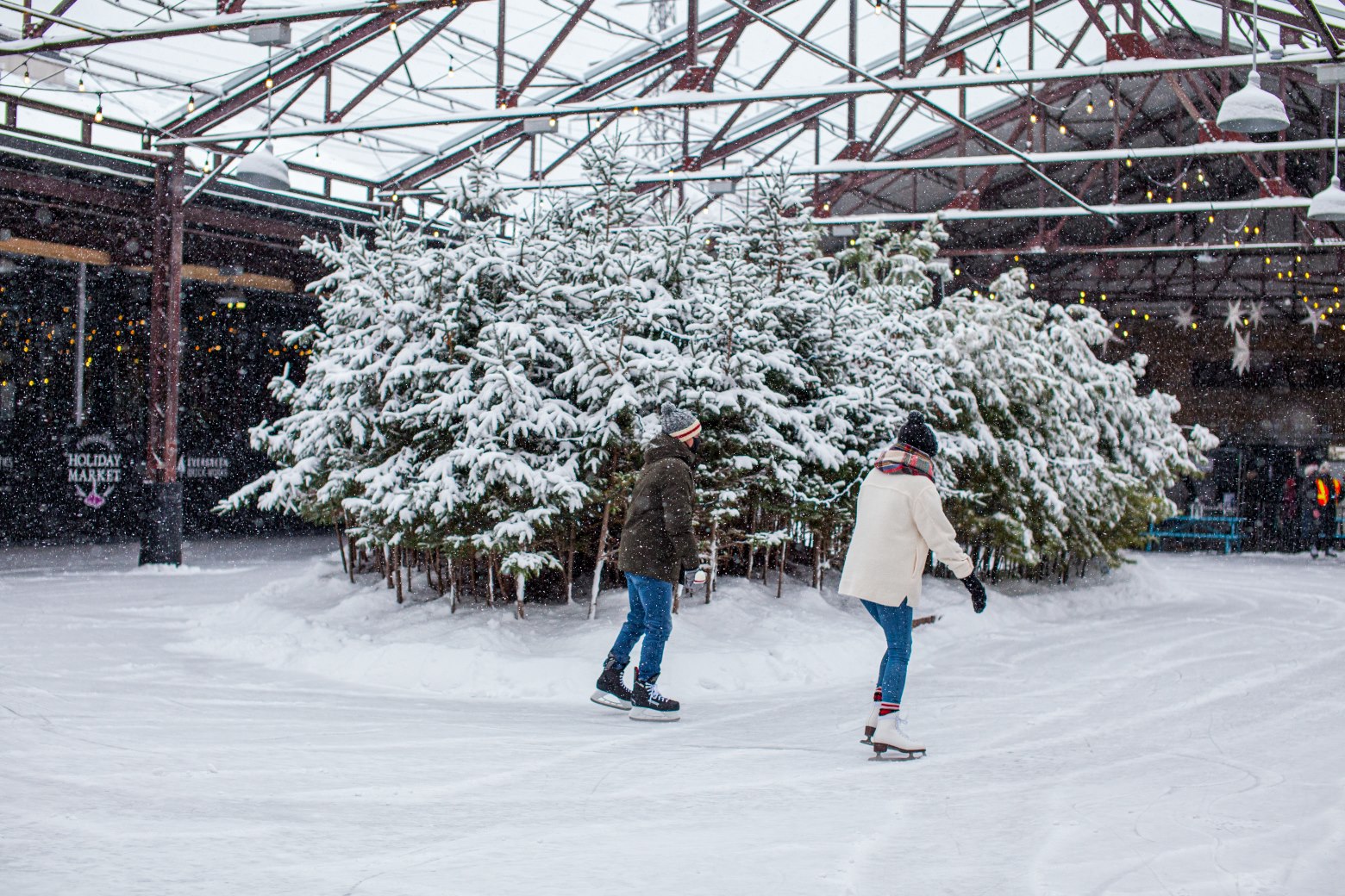 People skating on an outdoor rink with snow covered pine