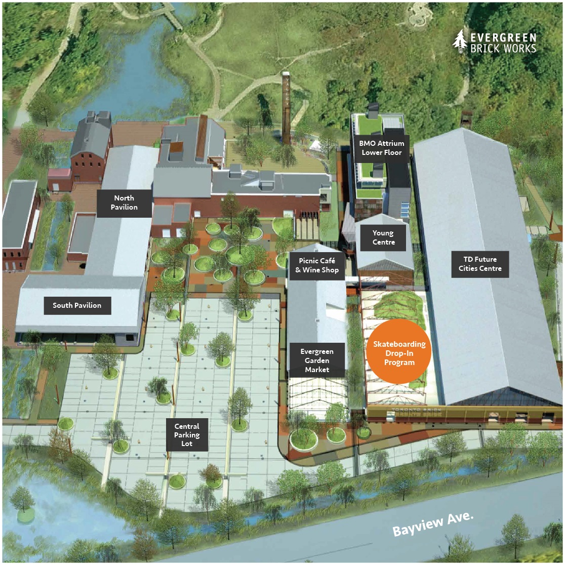 Map indicating where skating boarding takes place at Evergreen Brick Works.