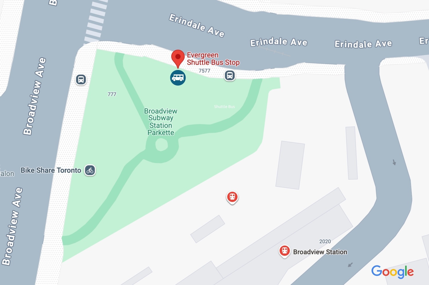 Google Map showing the Evergreen Shuttle bus near Broadview Subway Station Parkette