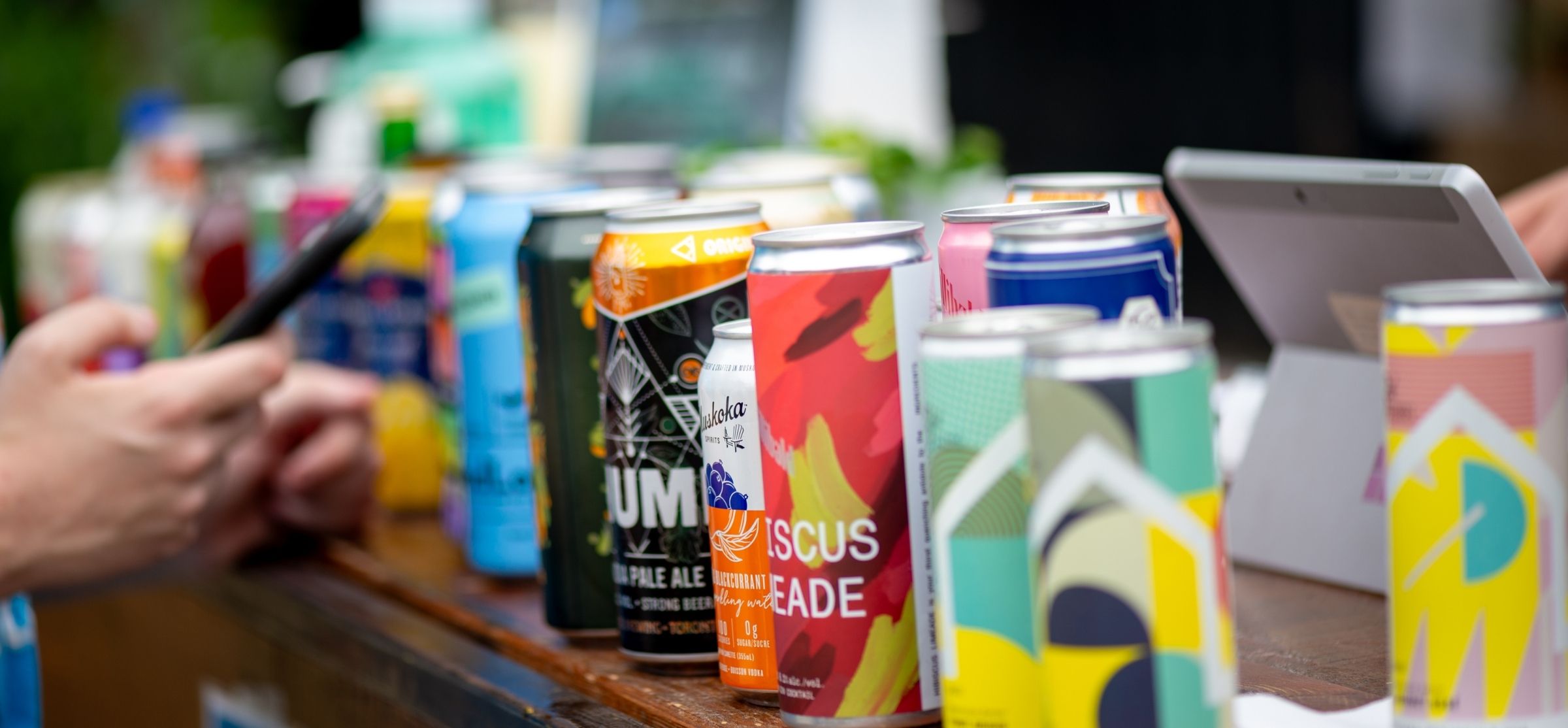 Drinks lined up at a bar for selection