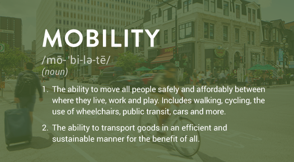 1. The ability to move all people safely and affordably between where they live, work and play. Includes walking, cycling, the use of wheelchairs, public transit, cars and more. 2. The ability to transport goods in an efficient and sustainable manner for the benefit of all