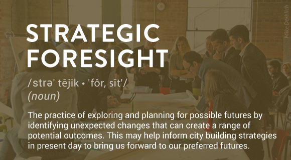 The practice of exploring and planning for possible futures by identifying unexpected changes that can create a range of potential outcomes. This may help inform city building strategies in present day to bring us forward to our preferred futures.