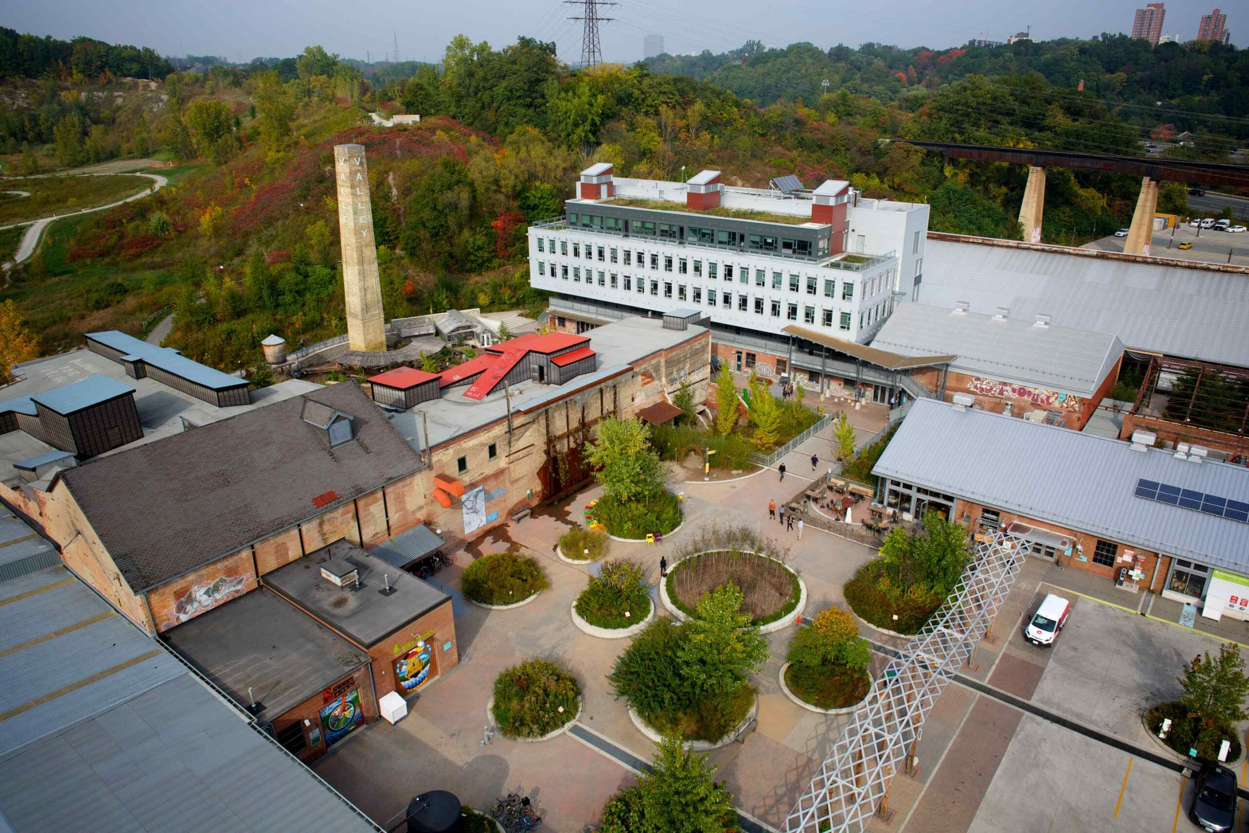 Evergreen Brick Works buildings and gardens from drone imagery