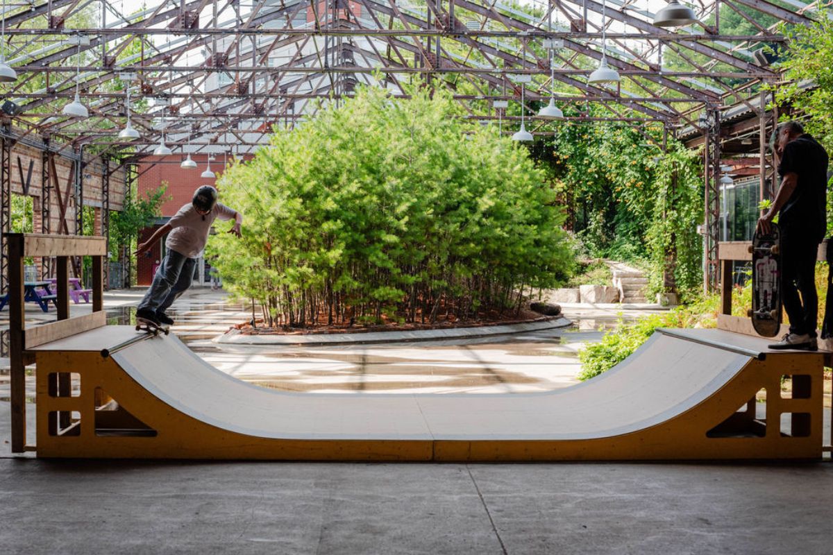 Person skateboarding on half pipe