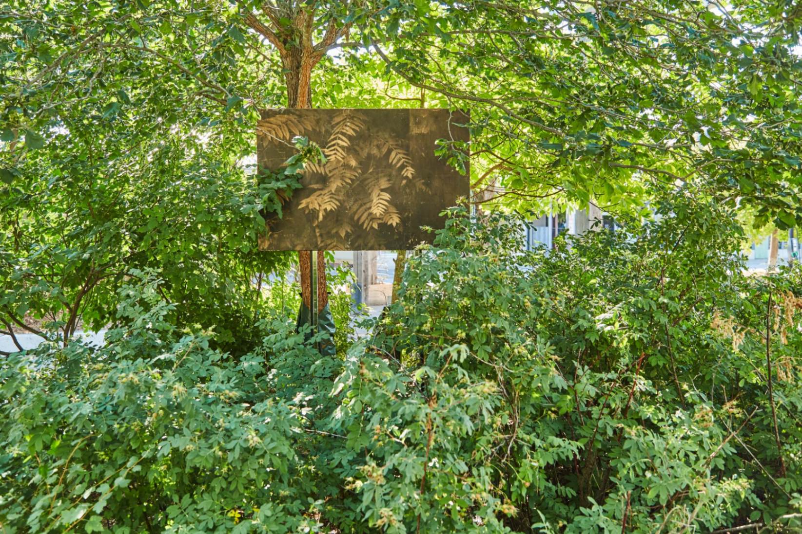 art installation among lush green trees and shrubs