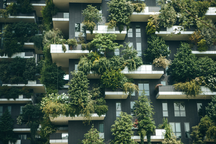 Condominium building balconies bursting with green plants