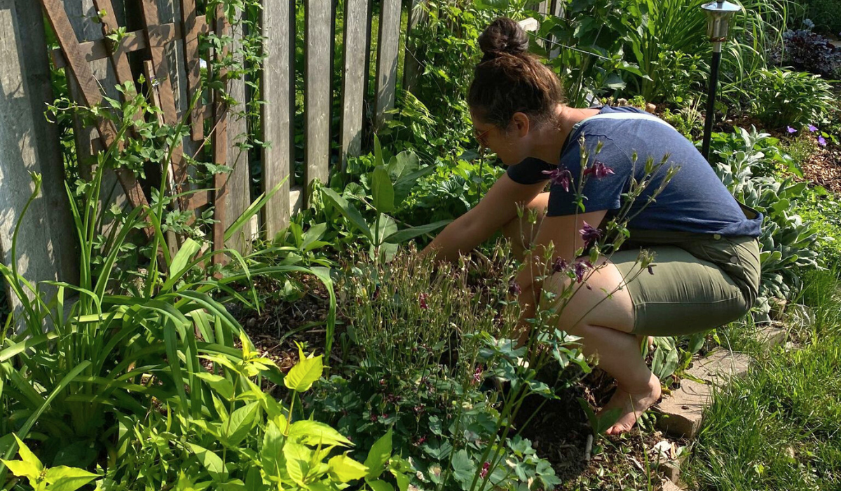 Woman in shorts and a tshirt crouching barefoot in garden along wooden fence.
