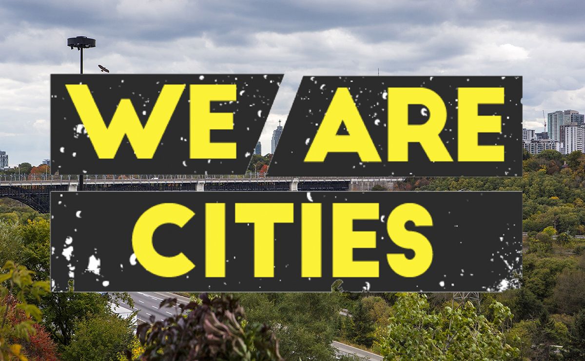 We Are Cites text in bold yellow uppercase letters on black background over a city aerial shot