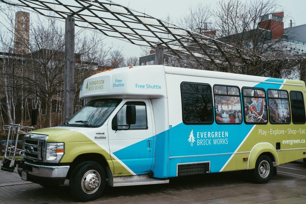 The free shuttle bus parked at Evergreen Brick Works
