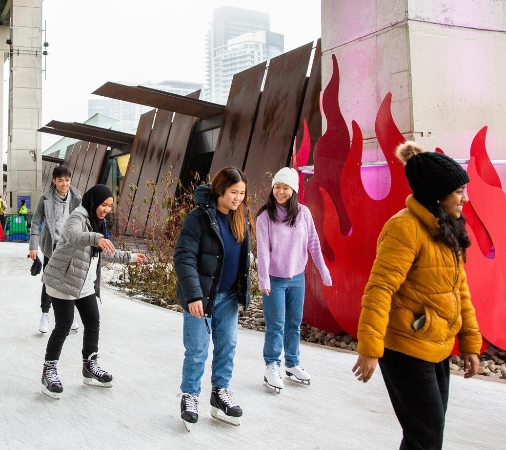 people ice skate in front of public art