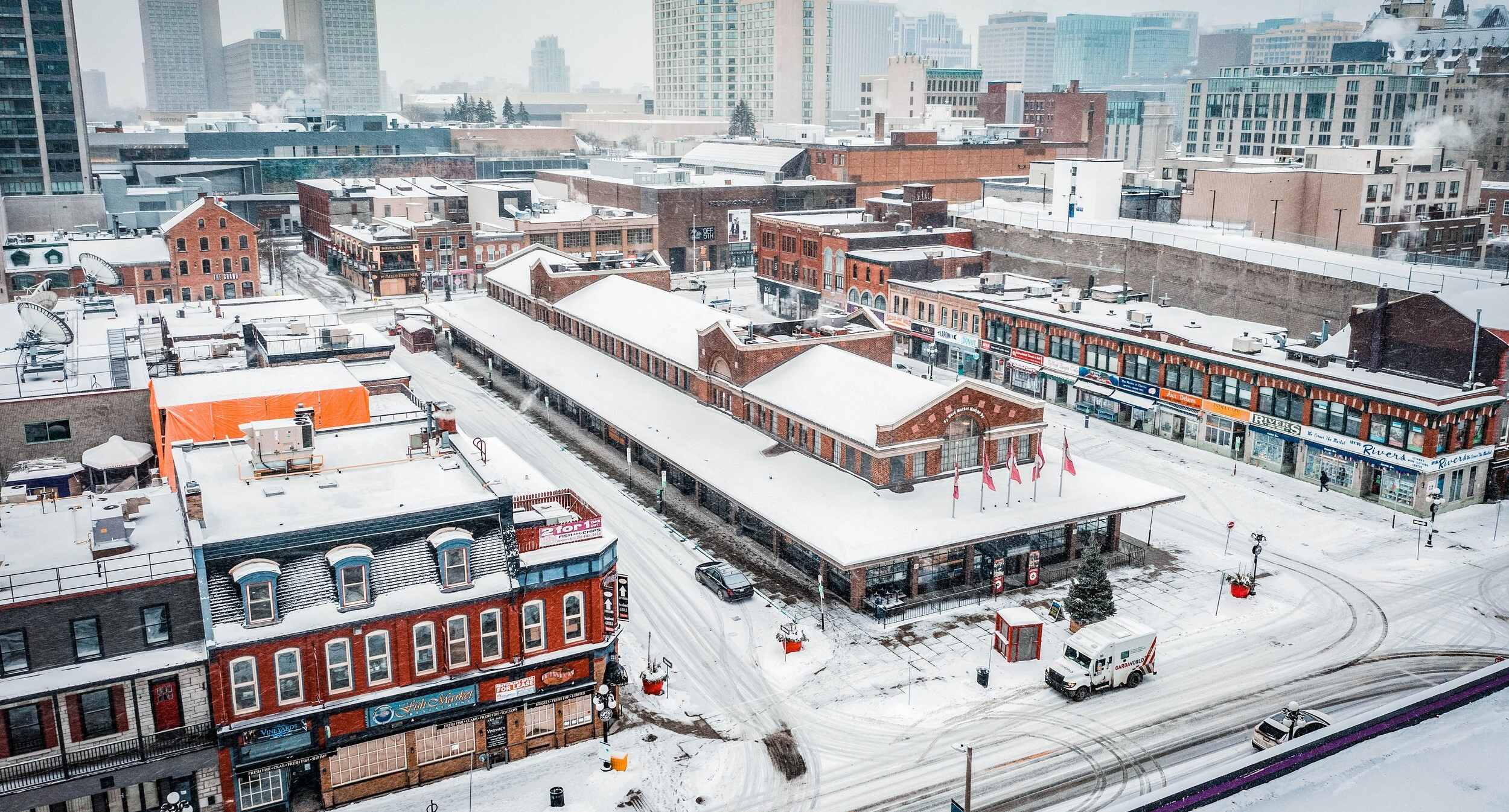 ariel photo of byward market in ottawa covered with snow