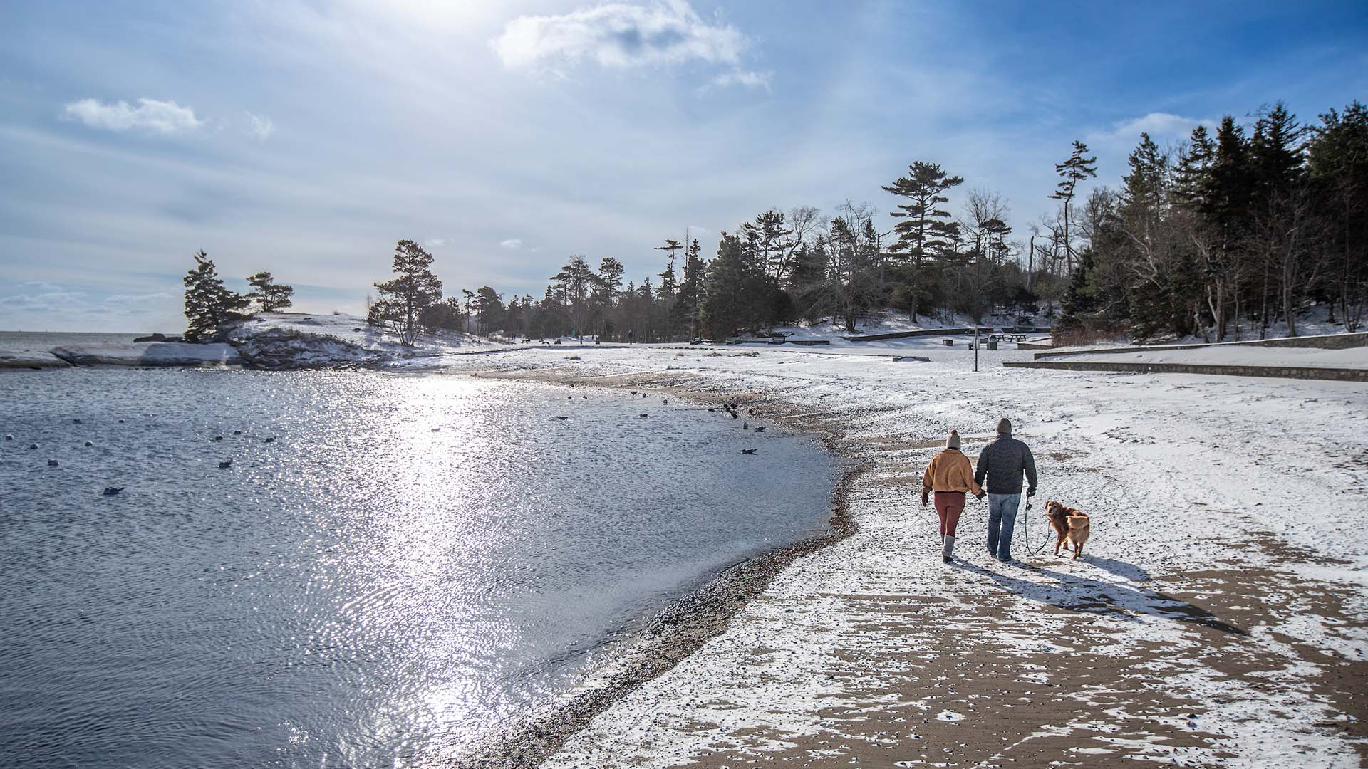 two people and dog walk along the beach in the winter with snow on the ground
