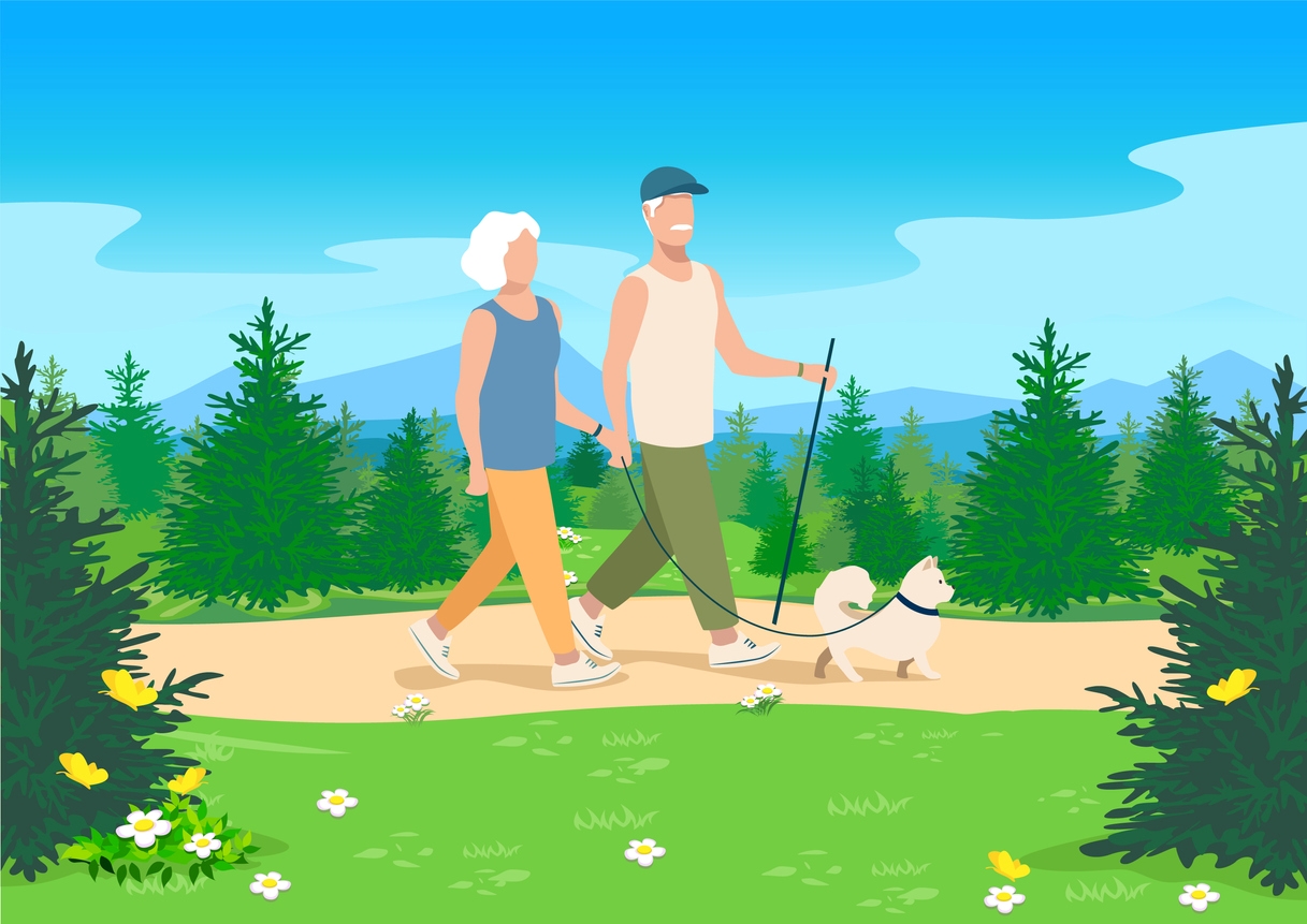 Illustration of couple walking with dog along trail