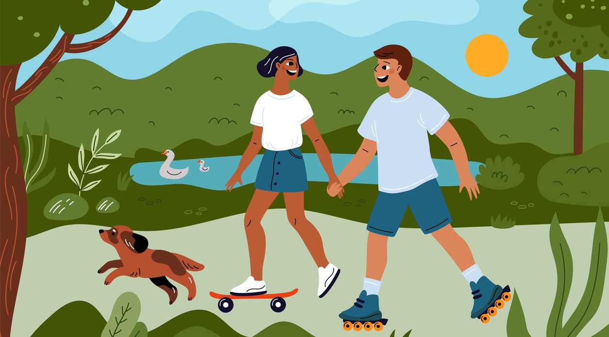 People rollerskate and skateboard in public park with dog