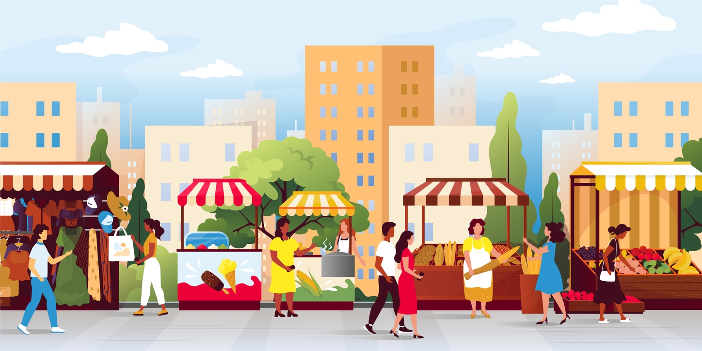 Illustration of people on pedestrian street with vendorse