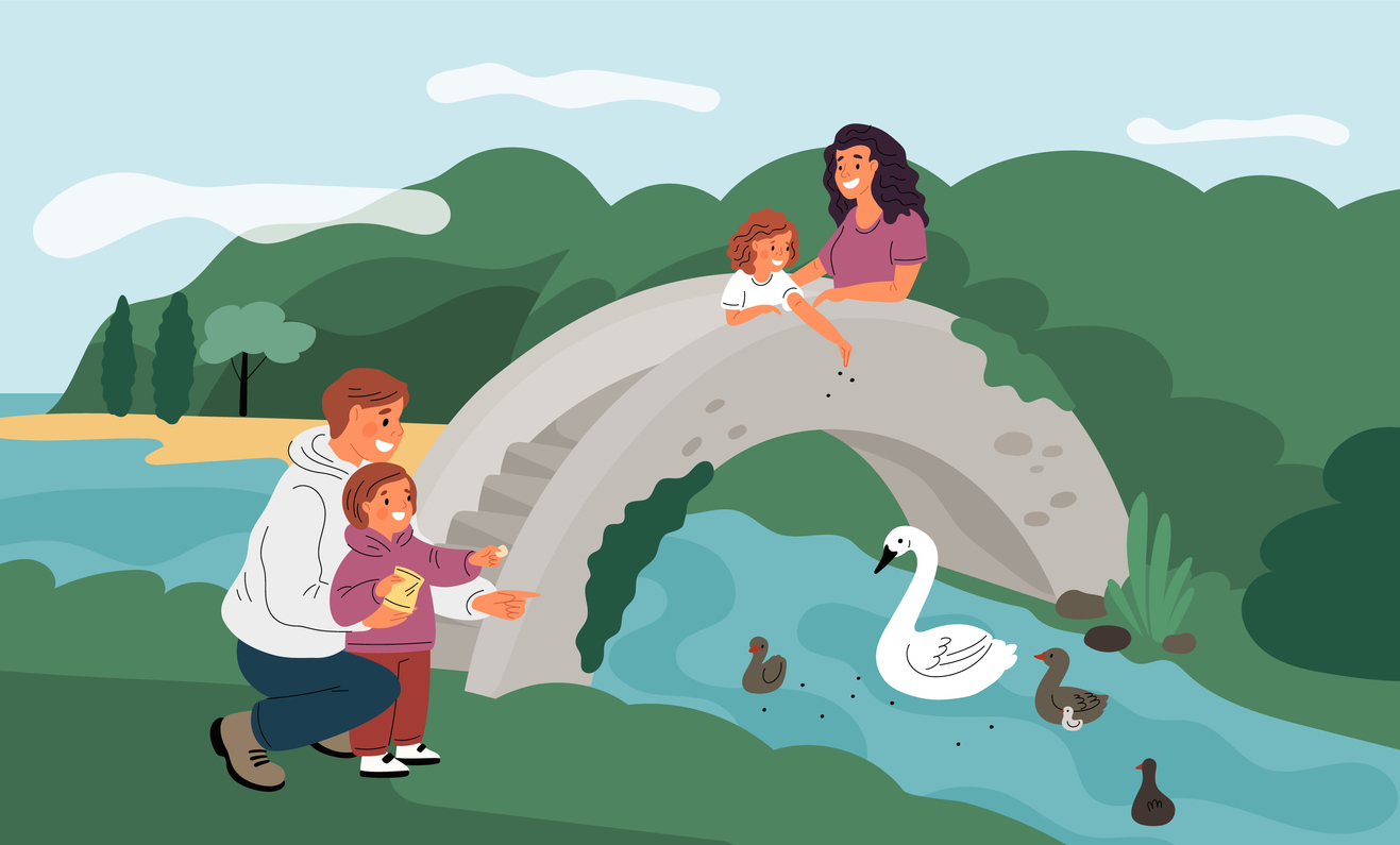 Illustration of family feeding ducks by a river