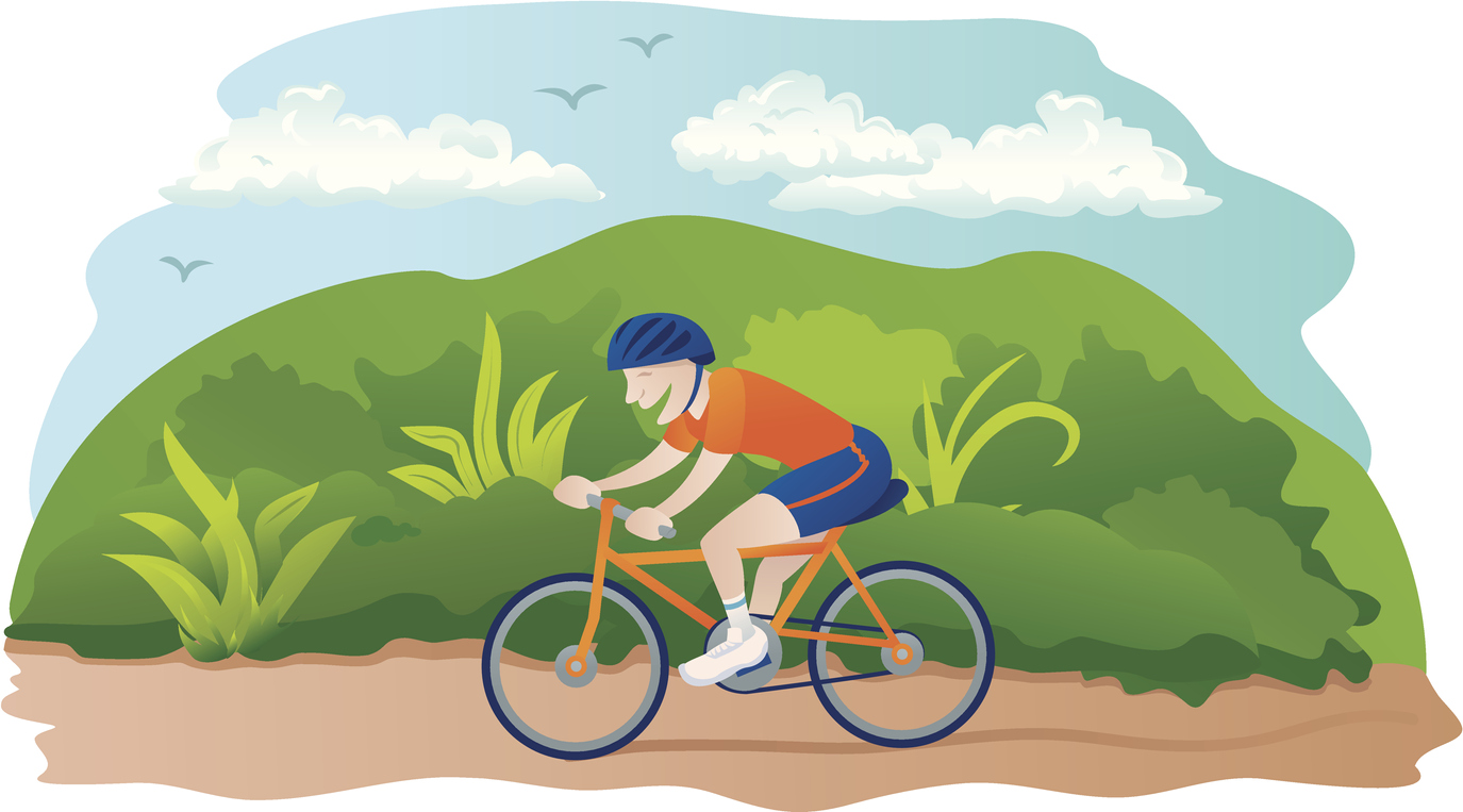 Illustration person on bicycle with green space in background