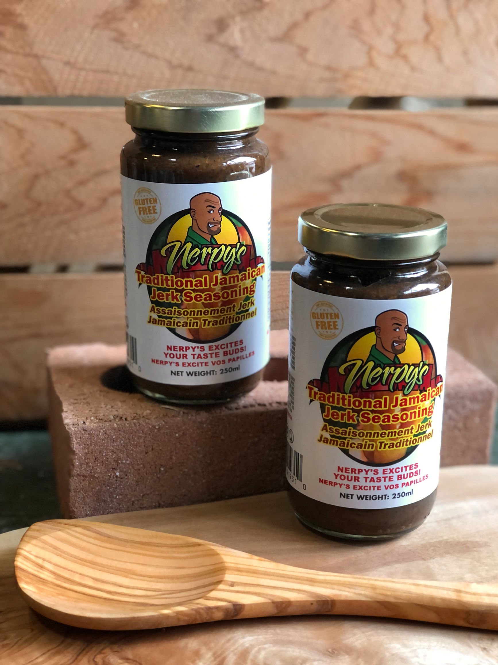 Two jars of Nerpy's jerk seasoning on the shelf at the Evergreen Garden Market