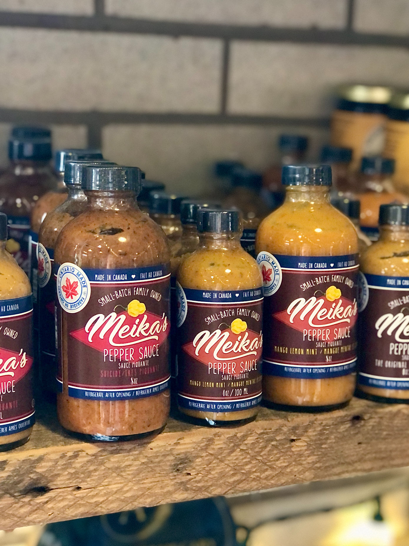 Meika's Pepper Sauce on the shelf at the Evergreen Garden Market