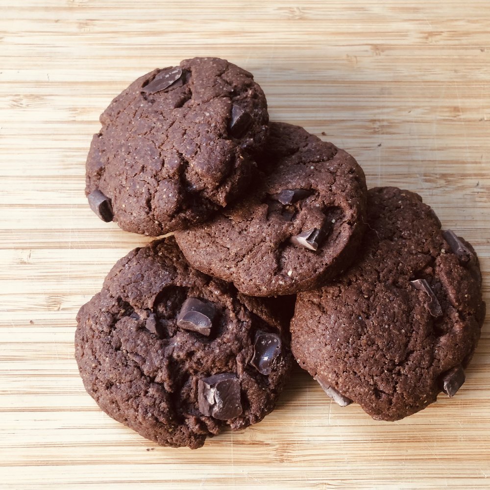 Stack of vegan chocolate chip cookies from House of Tigernut