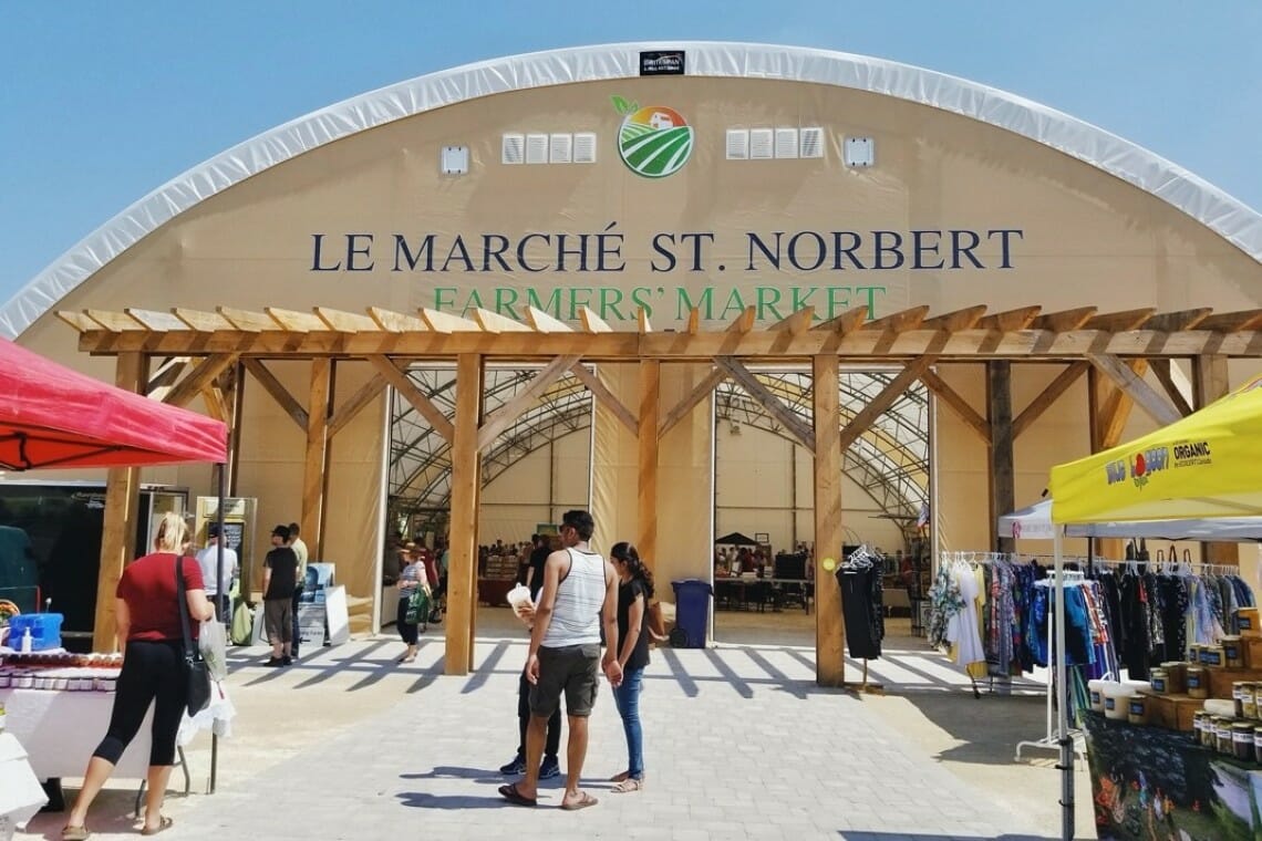 People in front of market building