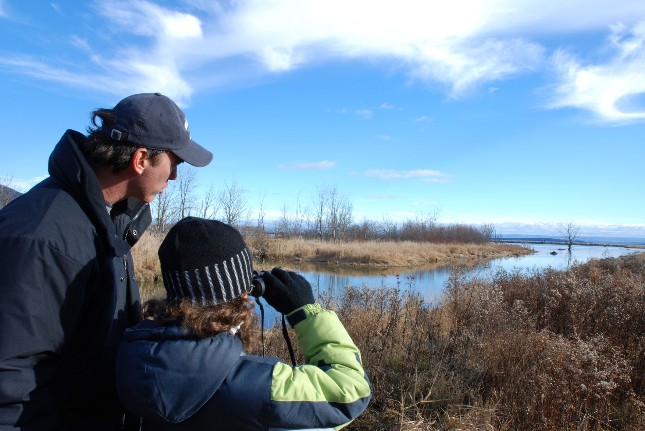 Adult and child look at wetland with binoculars