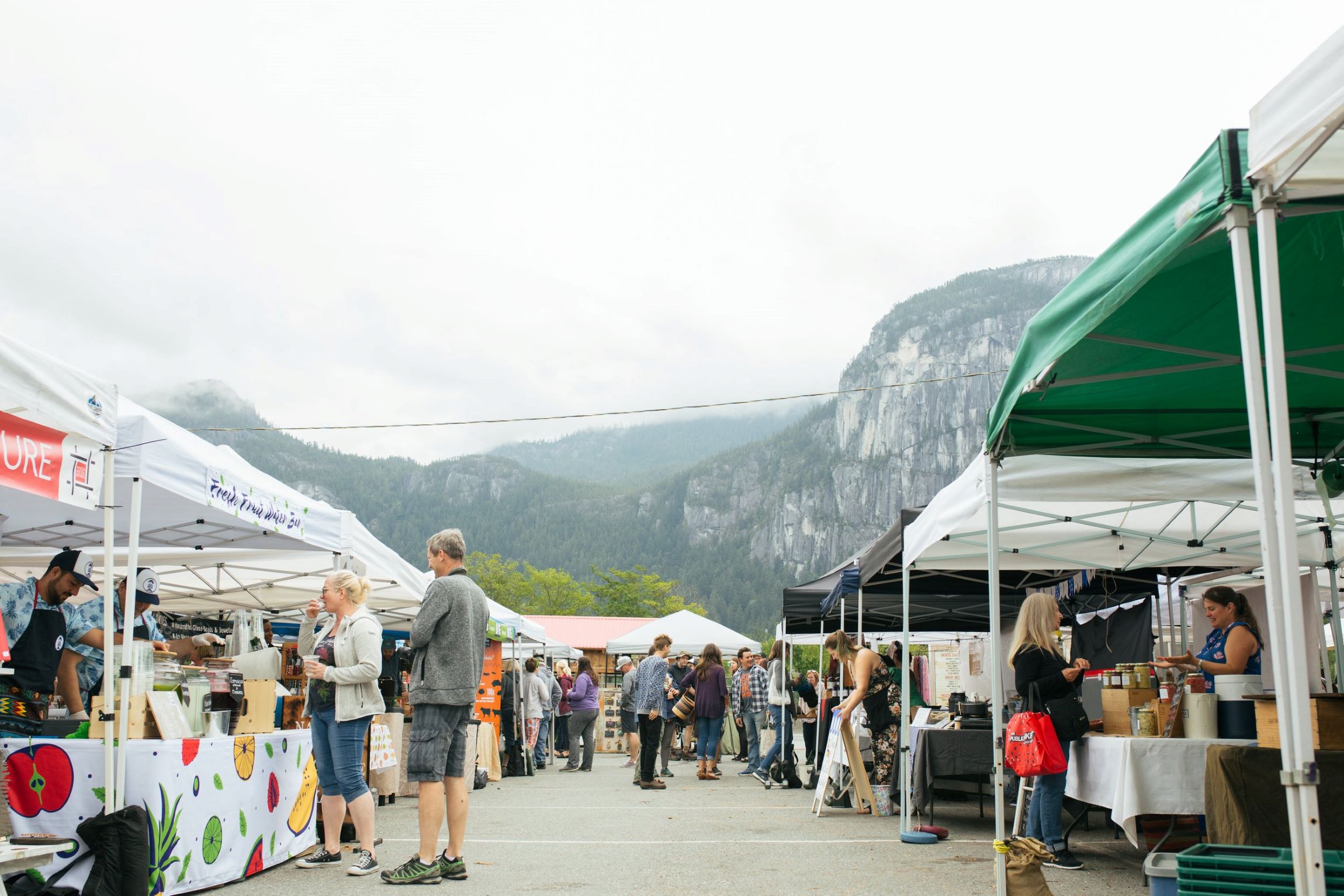 People at farmers markets stalls with mountains in the background