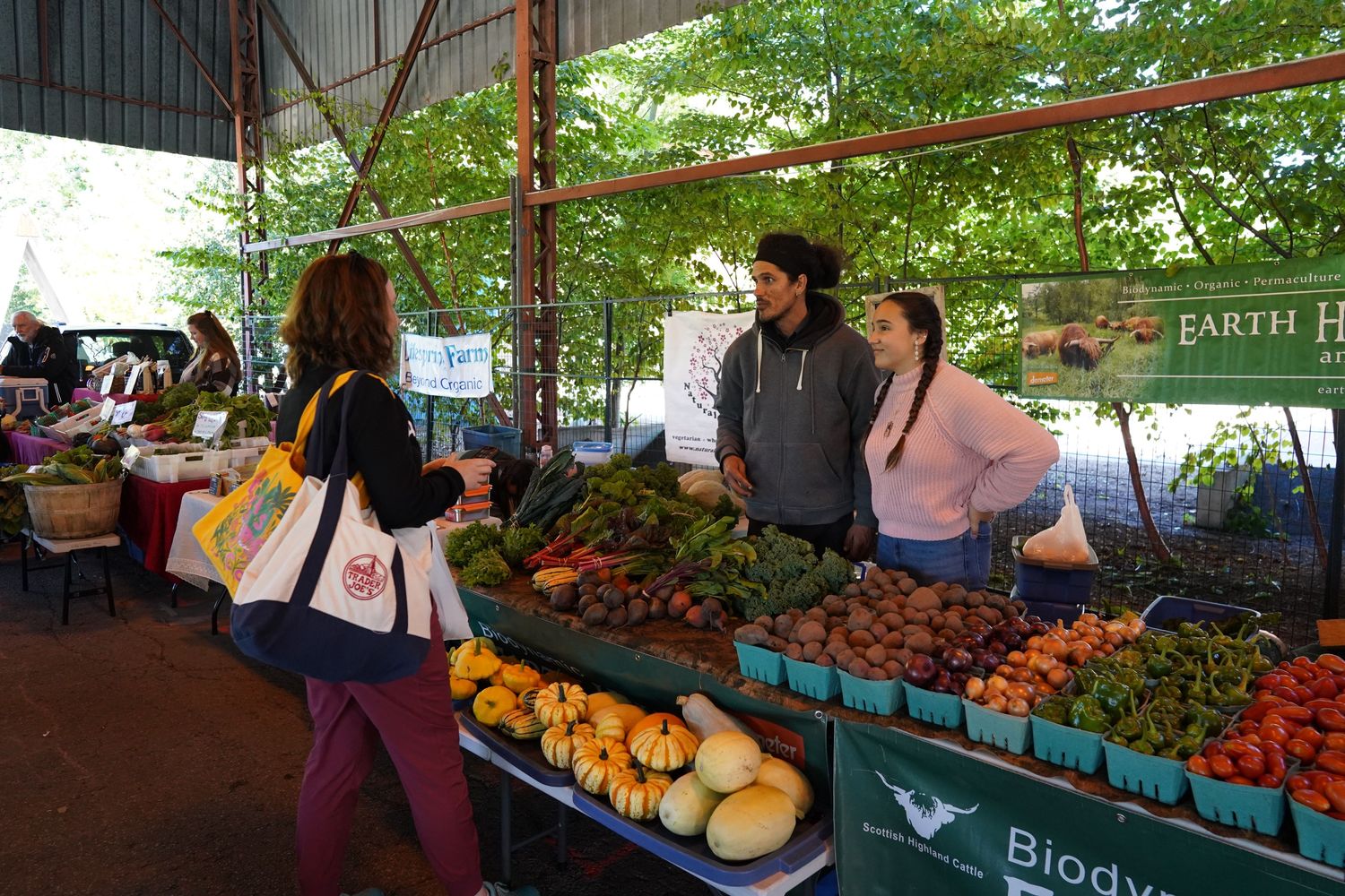 A man and a woman smile to a customer buying their produce at the farmers market