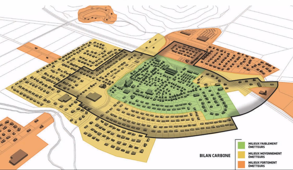 Digital visualization of a downtown city showing green space and carbon footprint