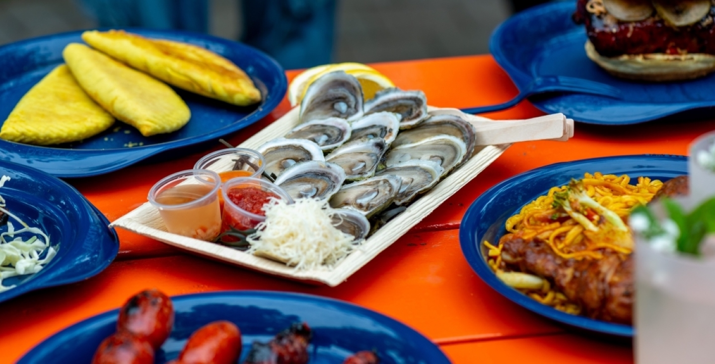 Plates of food including oysters, on a picnic table.