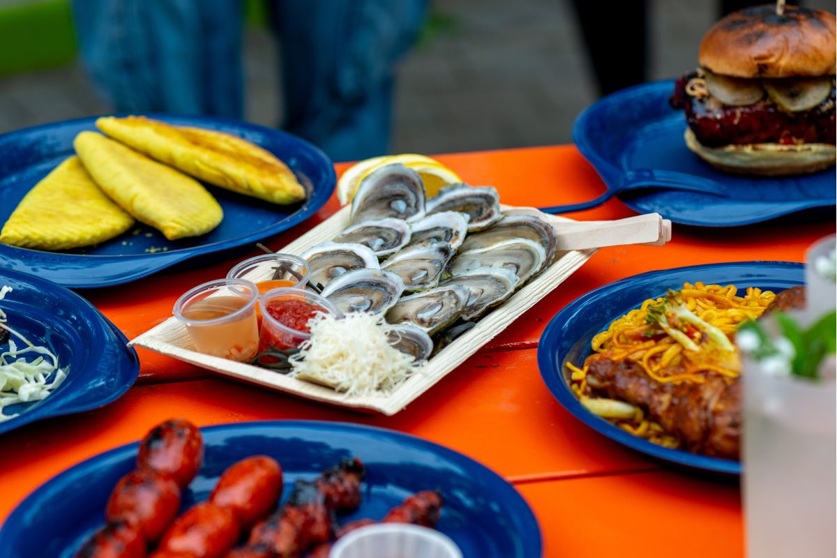 Plates of food on a table.