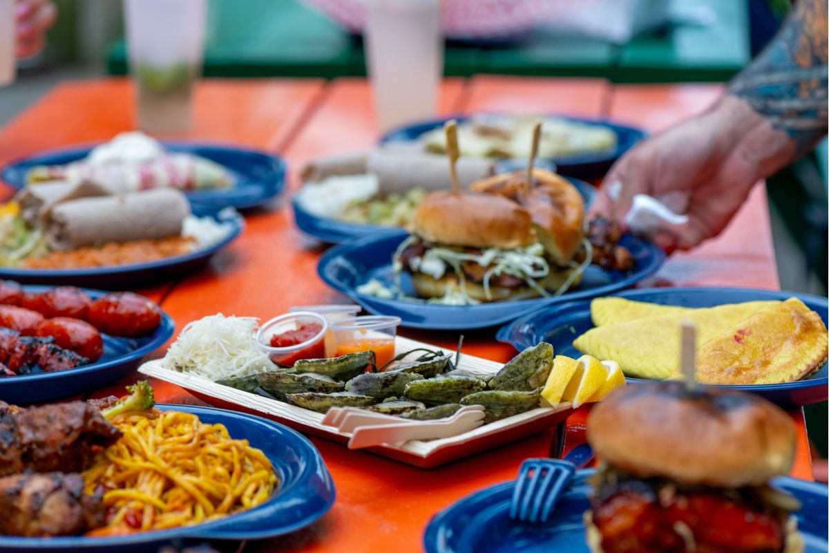 Plates of food on a table.