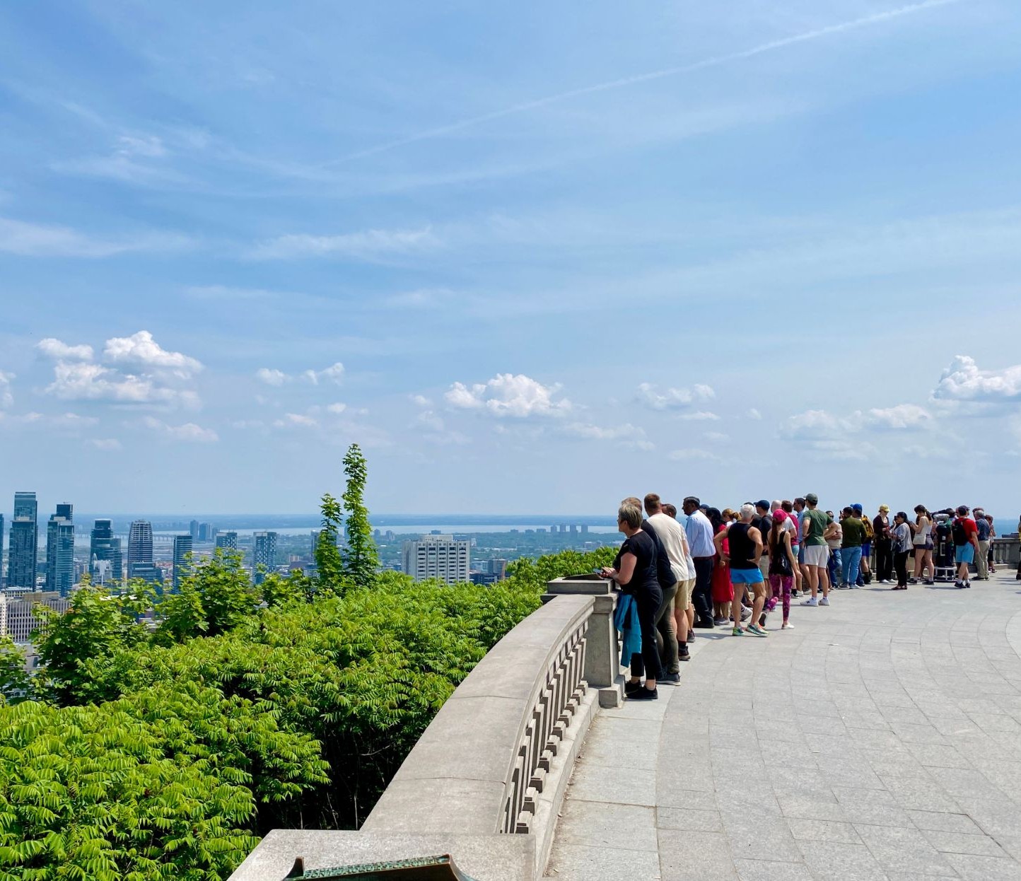 people watching skyline from Mount Royal