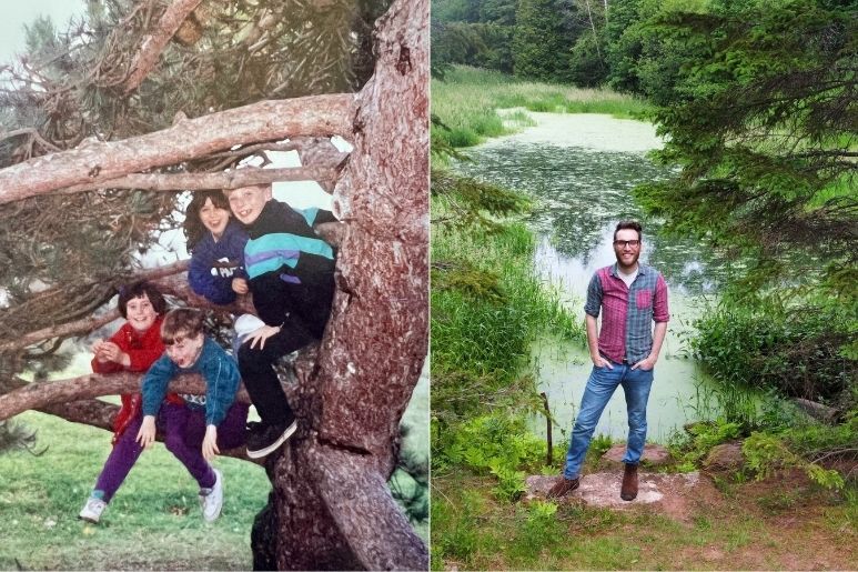 Group of kids sitting on a tree branch and same person as an adult in front of the pond