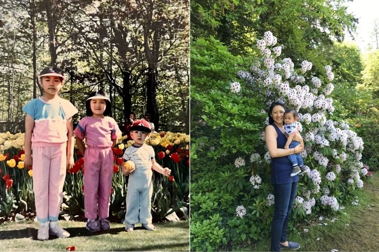 three kind standing in the Toronto botanical garden, same person as an adult with her baby in the same garden