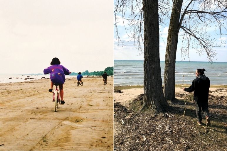 girl bikink on Wasaga beach, same girl as an adult walking on the beach near a tree