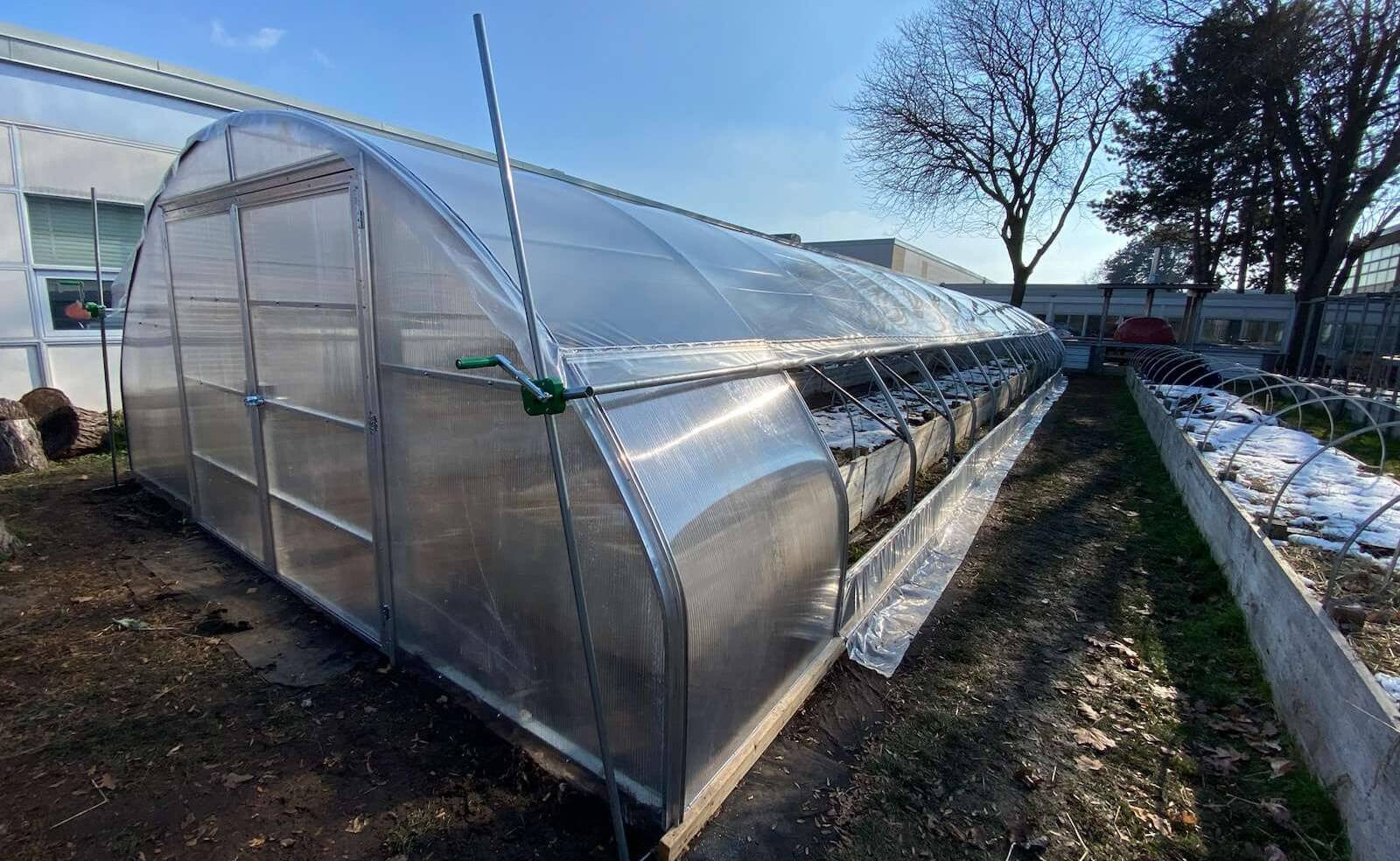 Polytunnel structure for urban farm at Don Mills high school