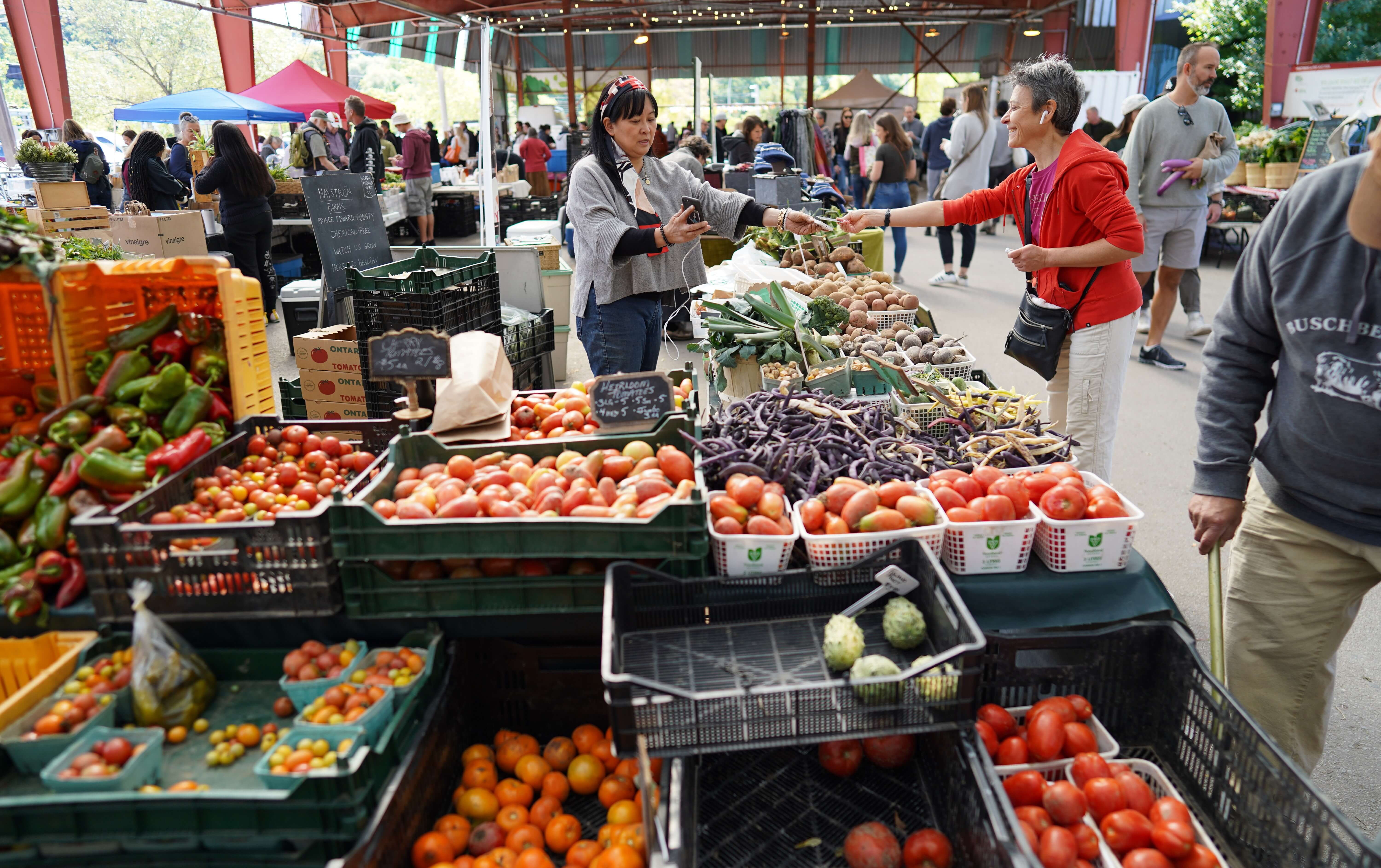 People talking at outdoor farmers market