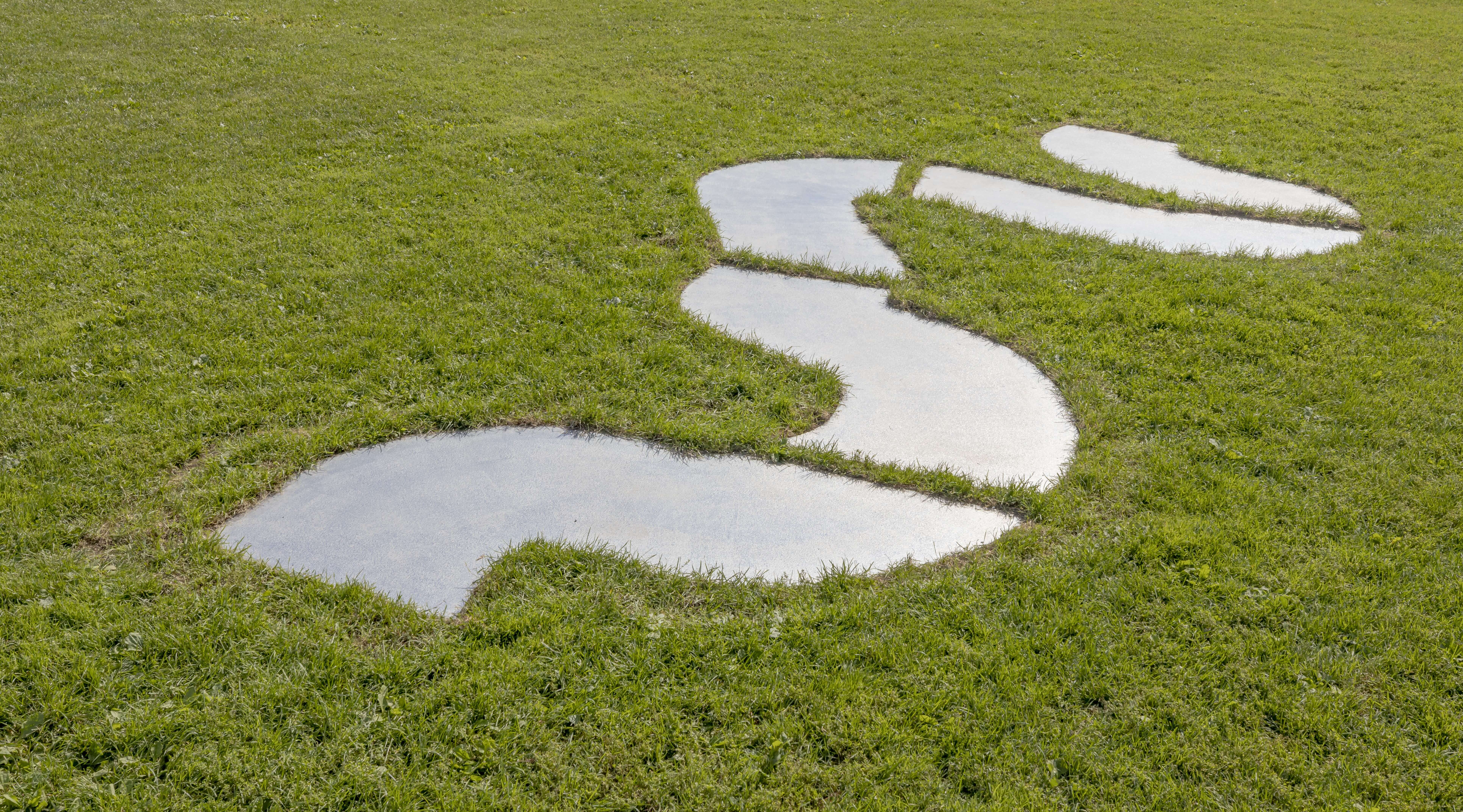 public art exhibit, panels on grass in a winding pattern