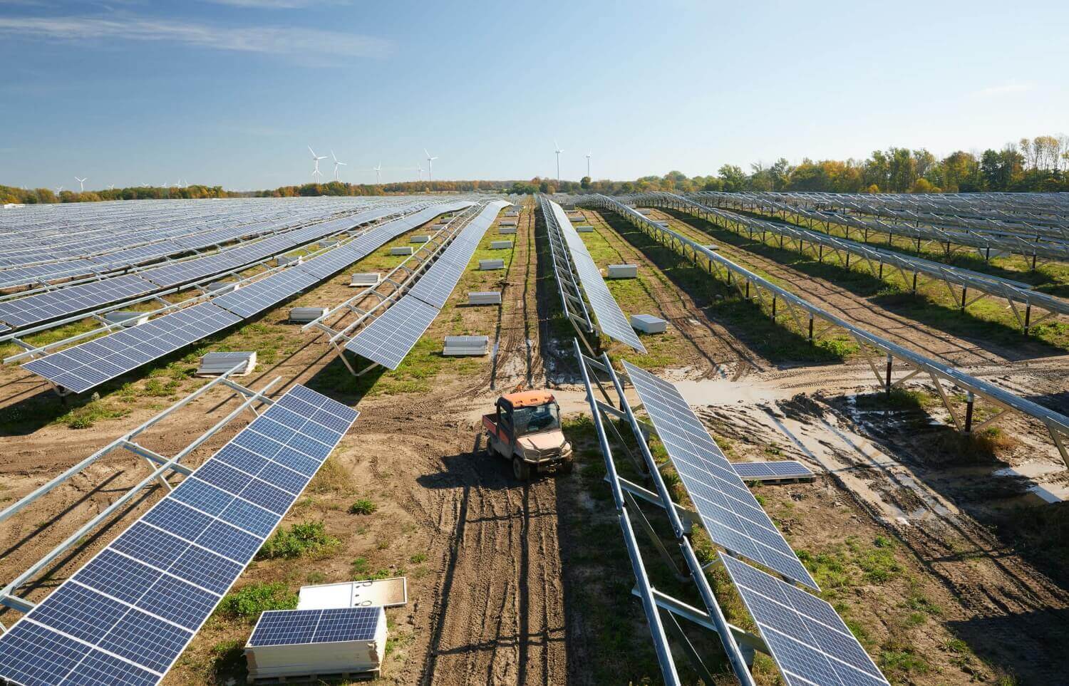 Large field of solar panels from above