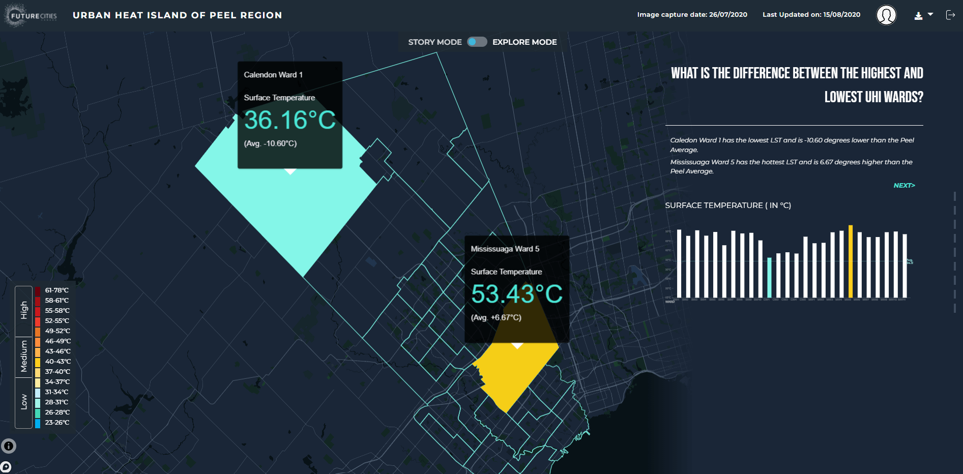 Screen shot showing the AI for the Resilient City tool. Urban Heat Island of Peel Region.